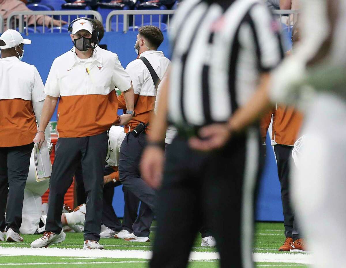 Texas head coach Tom Herman watches his team against Colorado during the 2020 Valero Alamo Bowl at the Alamodome on Tuesday, Dec. 29, 2020.