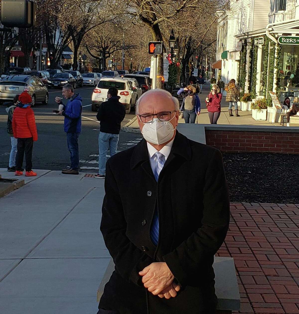 First Selectman Rudy Marconi is an advocate of mask wearing. Mosst Ridgefielders do it, he says.