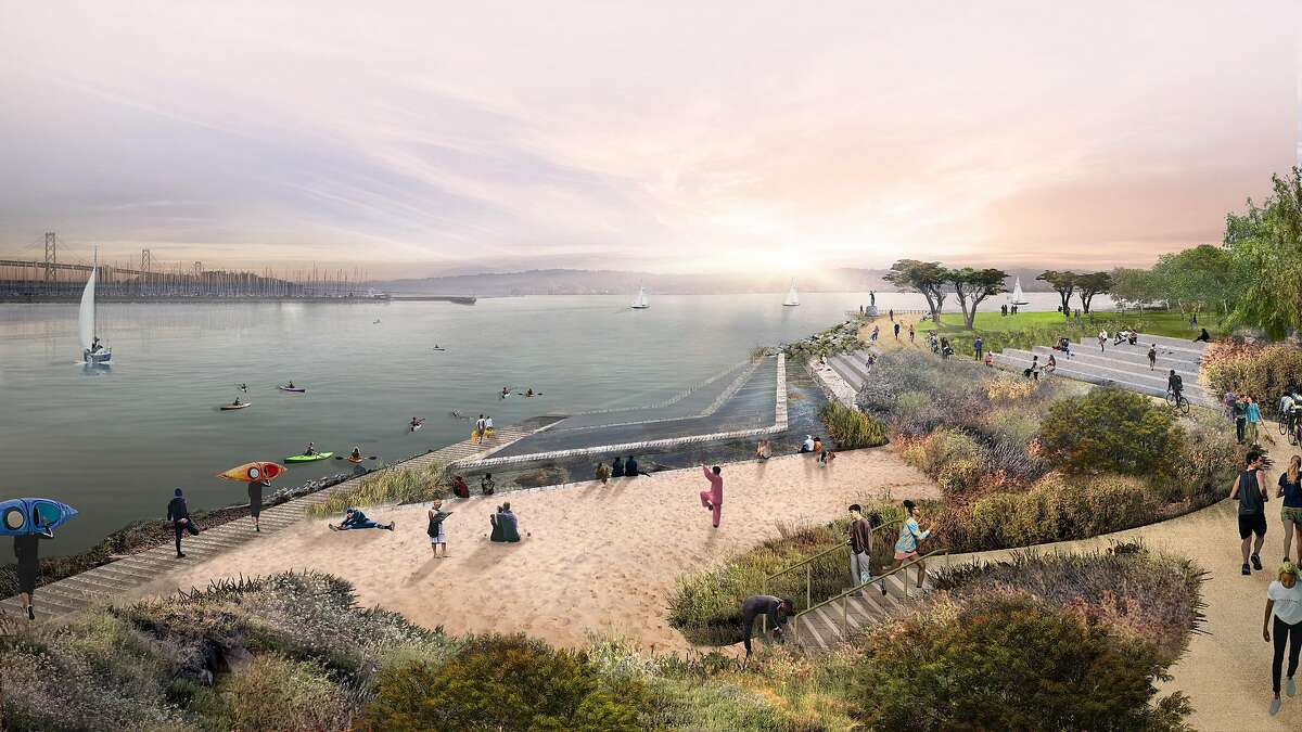 A rendering of the park planned for China Basin in San Francisco as part of Mission Rock, a mixed-use development by Tishman Speyer and the San Francisco Giants. The first phase began construction in 2020 and should begin to open by late 2022.