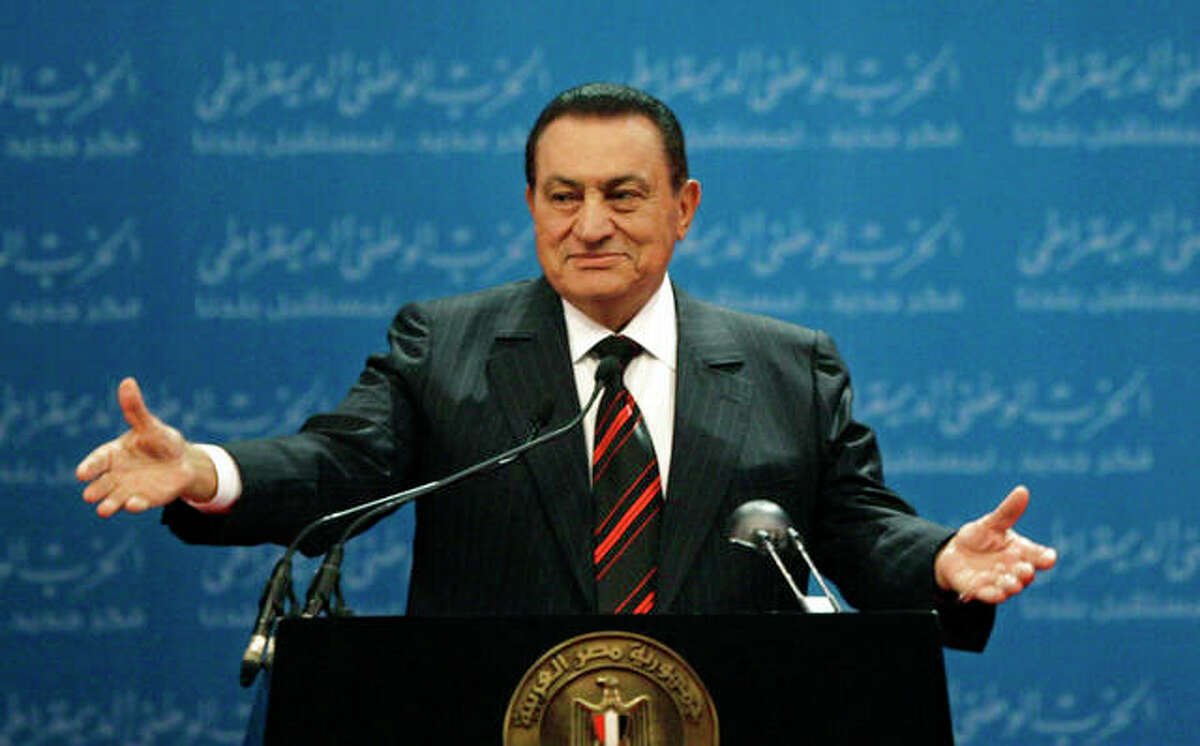 Egyptian President Hosni Mubarak delivers a speech at the first day of the 5th annual convention of the ruling National Democratic Party in Cairo, Egypt. Mubarak, 91, the Egyptian leader who was the autocratic face of stability in the Middle East for nearly 30 years before being forced from power in an Arab Spring uprising, died Feb. 25. (AP Photo/Nasser Nasser, File)