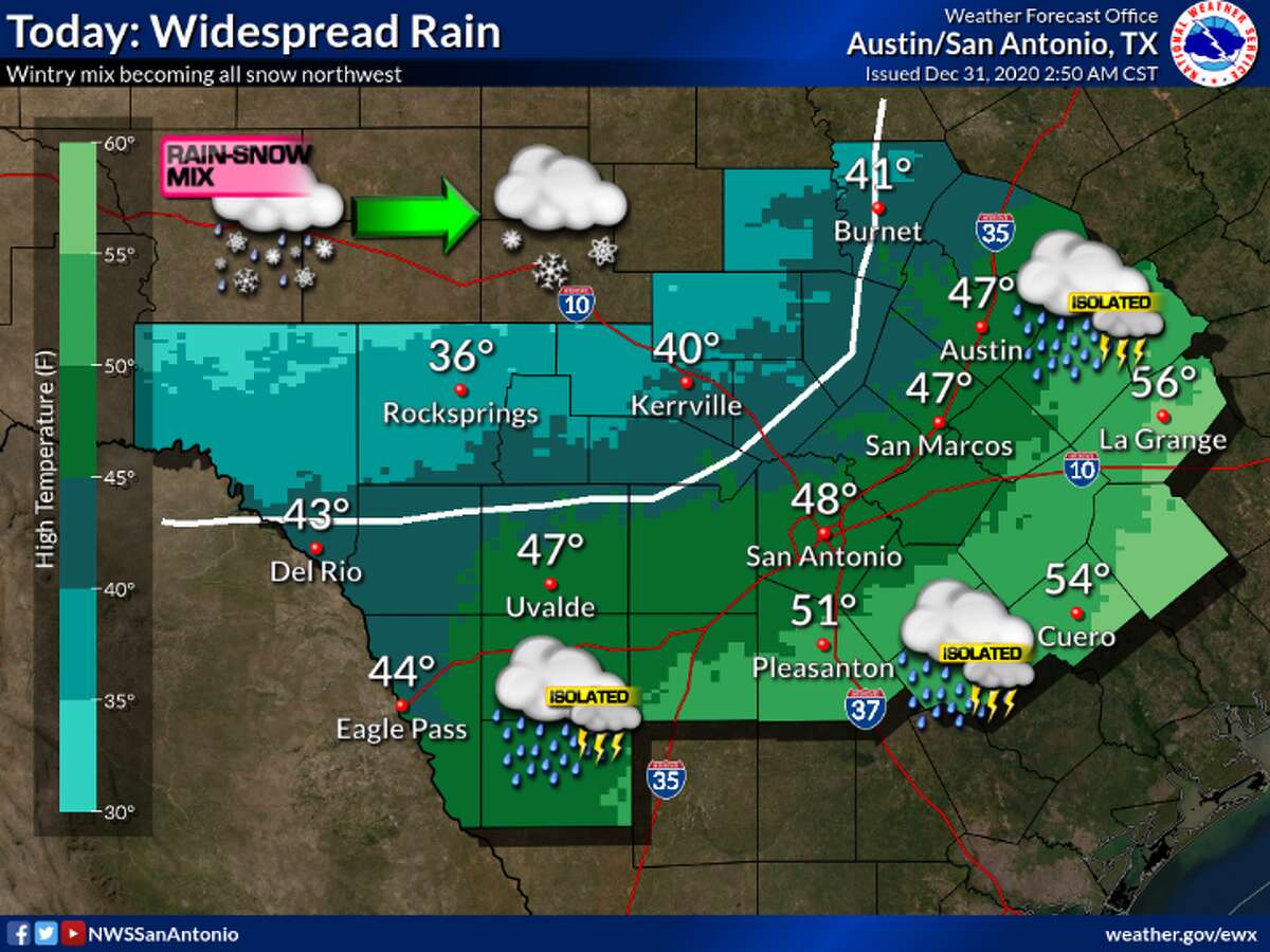 Parts of the Hill Country may see up to 4 inches of snow Thursday, according to the National Weather service.