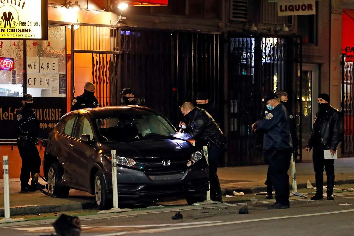 The scene of a fatal accident where two pedestrians were struck and killed by a motorist on 2nd Street just north of Mission Street in San Francisco, Calif., on Thursday, December 31, 2020.
