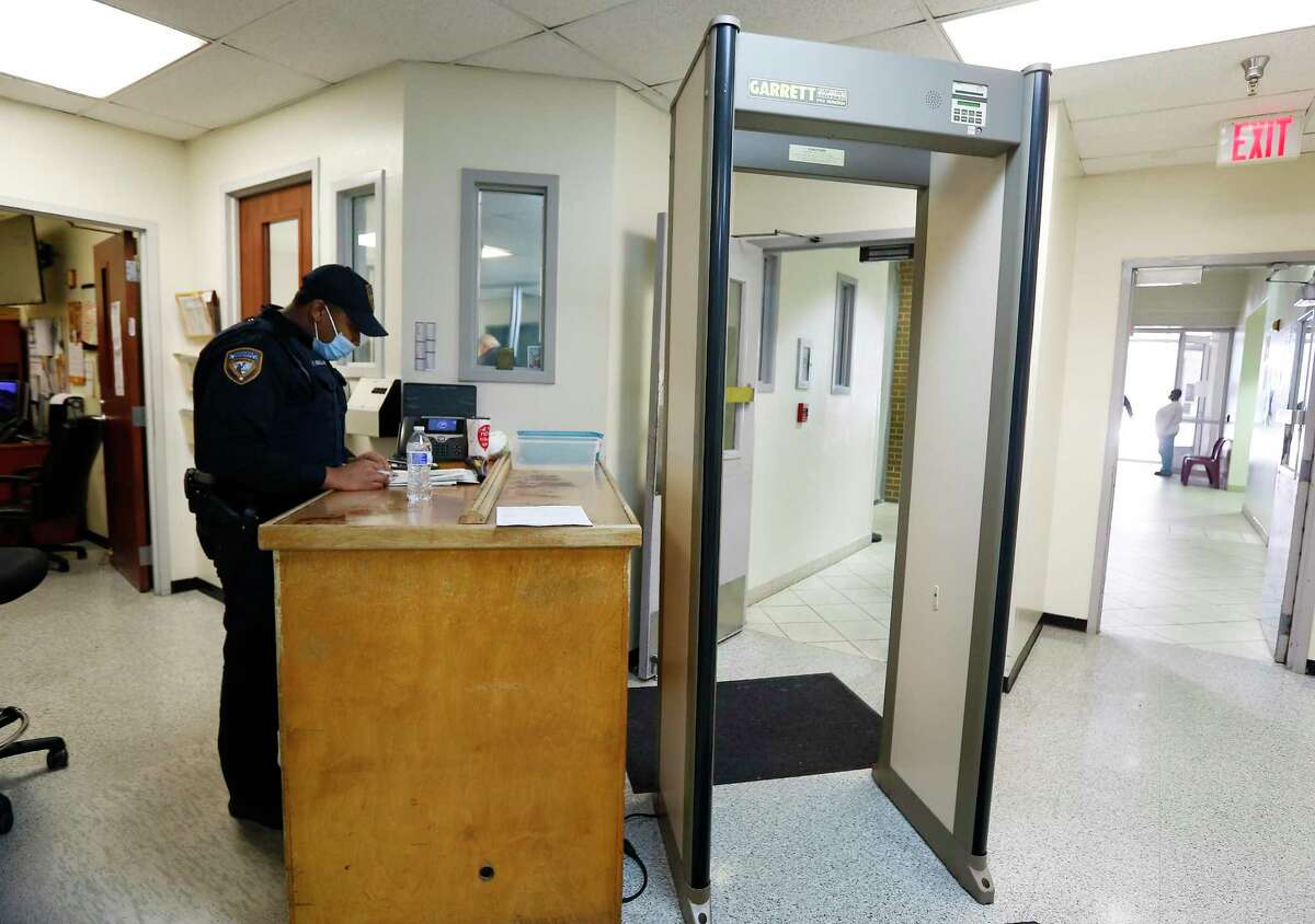 The metal detector where Deputy Jeffrey Barnes works at in the Harris County Jail in Houston on Thursday, May 14, 2020.