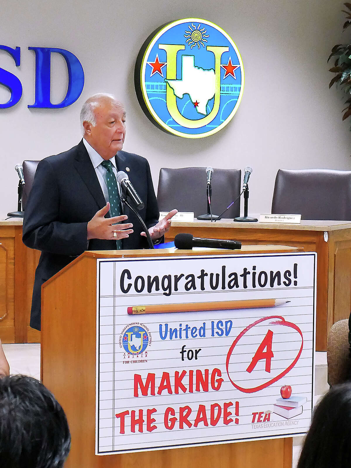 United ISD Superintendent Roberto J. Santos was accompanied by administrators and board members as they participated in a press conference, Thursday, August 16, 2018, at the UISD Board Room to announce that the district received an A rating in the Texas Education Agency 2018 state accountability ratings and a dropped in the proposed 2018 tax rate.