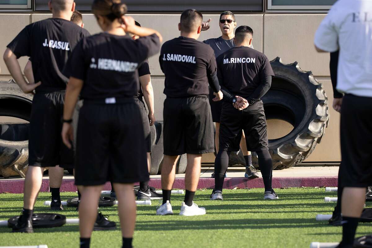Cadets of the 39th San Jose Police Training Academy work out during their daily training routine last week.
