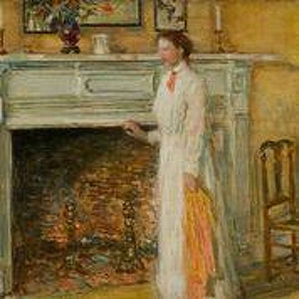 Childe Hassam’s “The Mantelpiece,” (1912, Oil on wood, cigar box lid) will be part of a new exhibit at the Greenwich Historical Society.