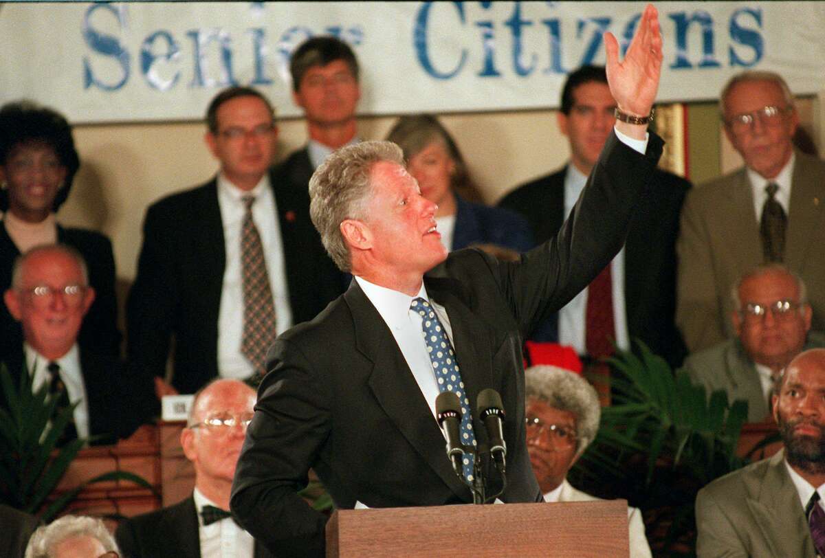 President Bill Clinton gestures while speaking at the White House Tuesday, July 25, 1995, during a ceremony honoring the 30th anniversary of Medicare.