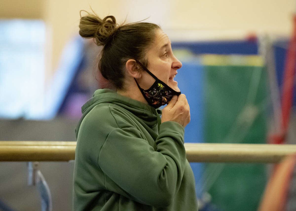 Saratoga gymnastics coach Deborah Smarro calls out to one of her gymnasts at practice on Saturday, Jan. 2, 2021, at Wilton's YMCA in Saratoga Springs, N.Y. (Jenn March, Special to the Times Union)