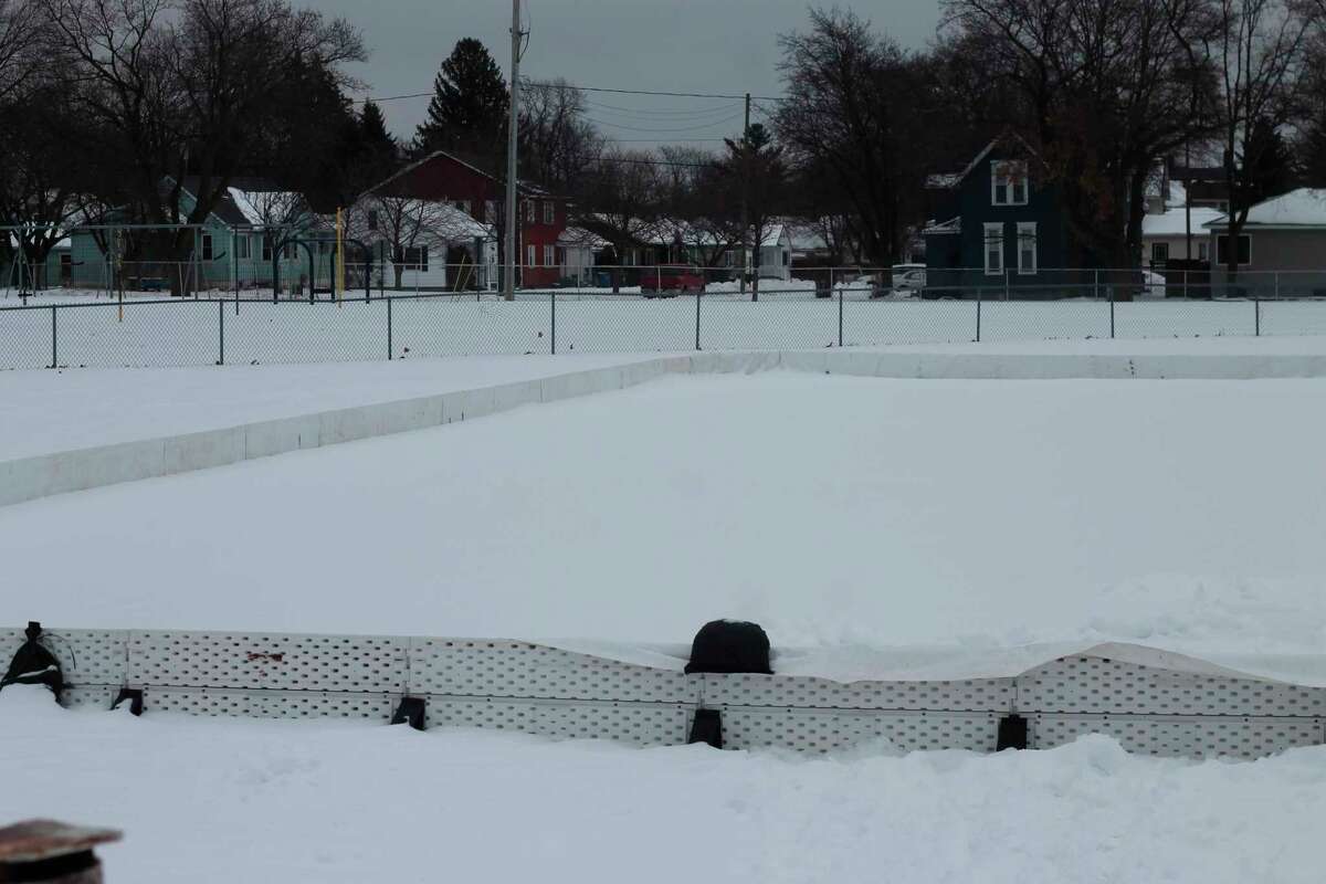 The ice rink at Sands Park has been set up and flooded by the City of Manistee Department of Public Works. Colder temperatures are awaited as the ice is not yet ready for skating. (Kyle Kotecki/News Advocate)