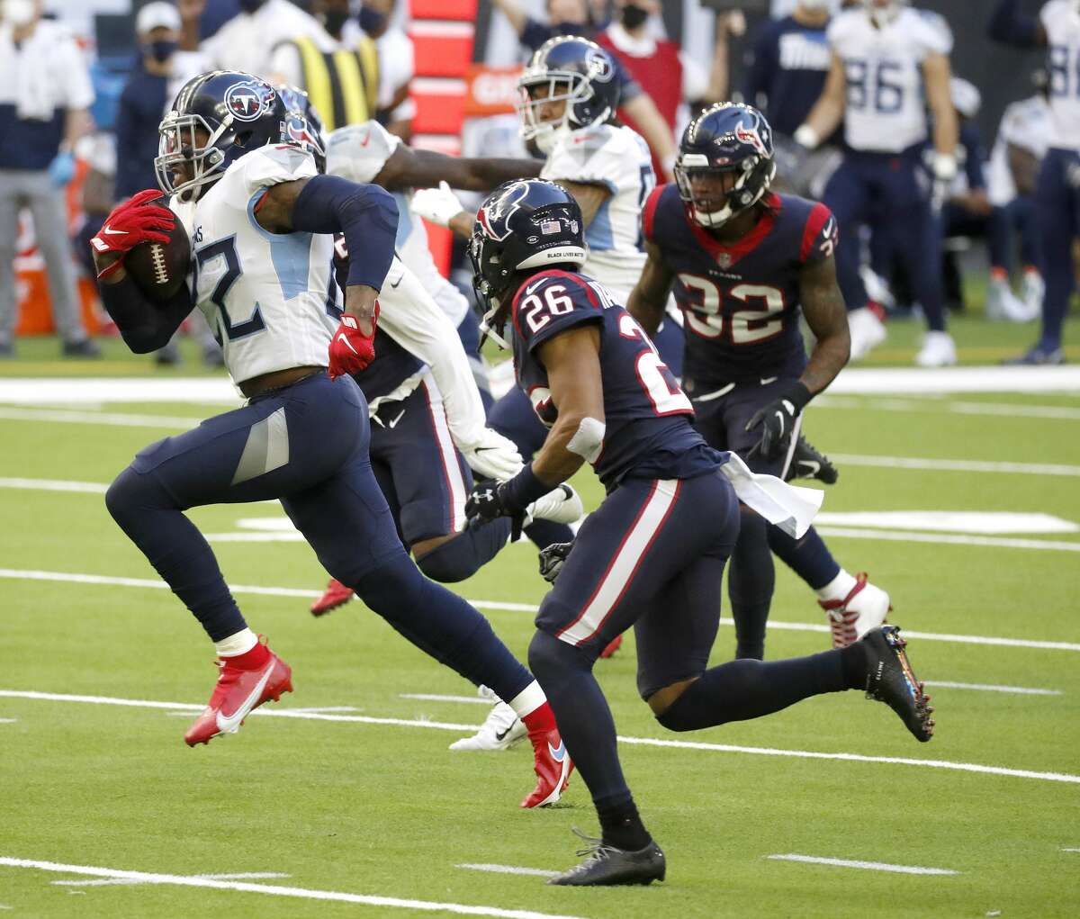 Titans running back Derrick Henry missed both games against the Texans in 2021 but has feasted against them in the past.