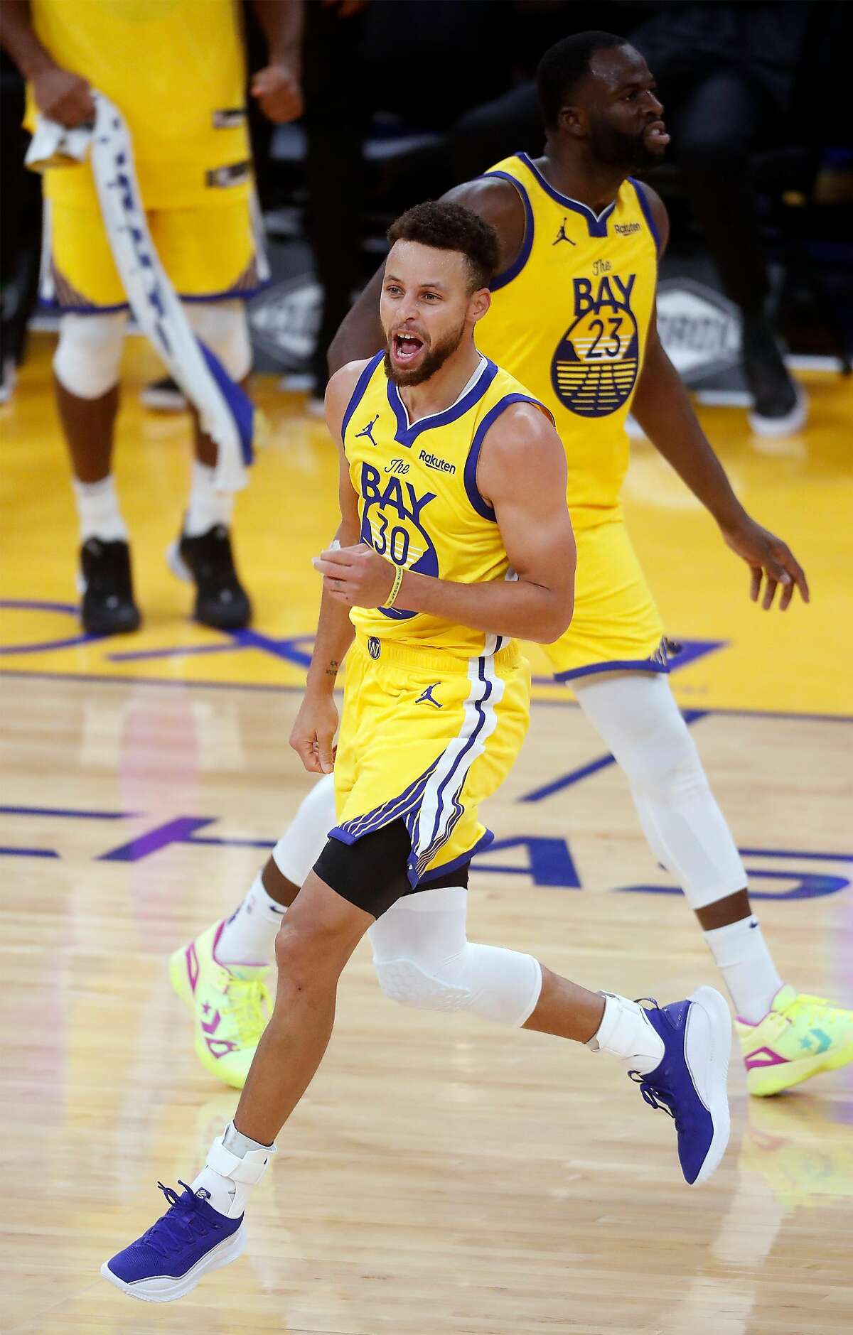 Golden State Warriors' Stephen Curry celebrates his 3-pointer giving him a career high 62 points in 4th quarter of Warriors' 137-122 win over Portland Trail Blazers in NBA game at Chase Center in San Francisco, Calif., on Sunday, January 3, 2021.