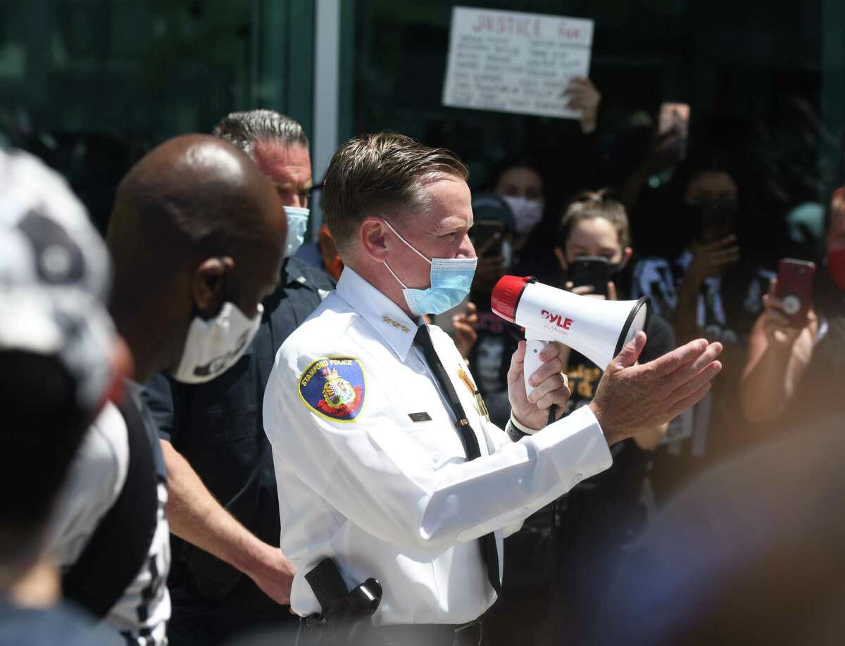Stamford Police Chief Tim Shaw speaks at a demonstration in front the Stamford Police Station on May 31, 2020.