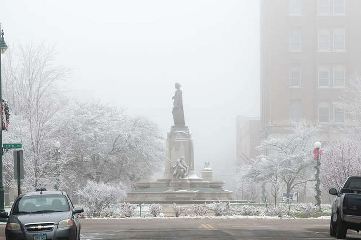 Dense fog lingered across west-central Illinois on Monday, causing hazardous driving conditions. Visibility was reduced to a quarter of a mile much of the day, according to the National Weather Service, giving places like downtown Jacksonville a hazy appearance.