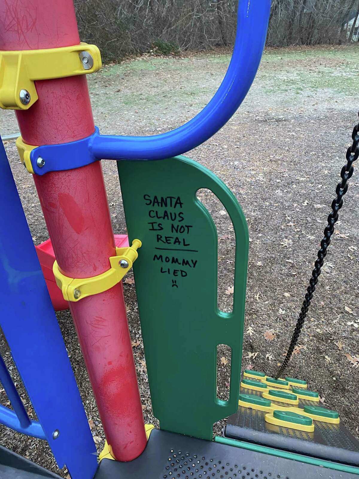 Two play structures at the Norwalk Early Childhood Center and one at Naramake Elementary School were vandalized with the message "Santa Claus is not real. The Parks and Recreation department cleaned the playgrounds Sunday morning.