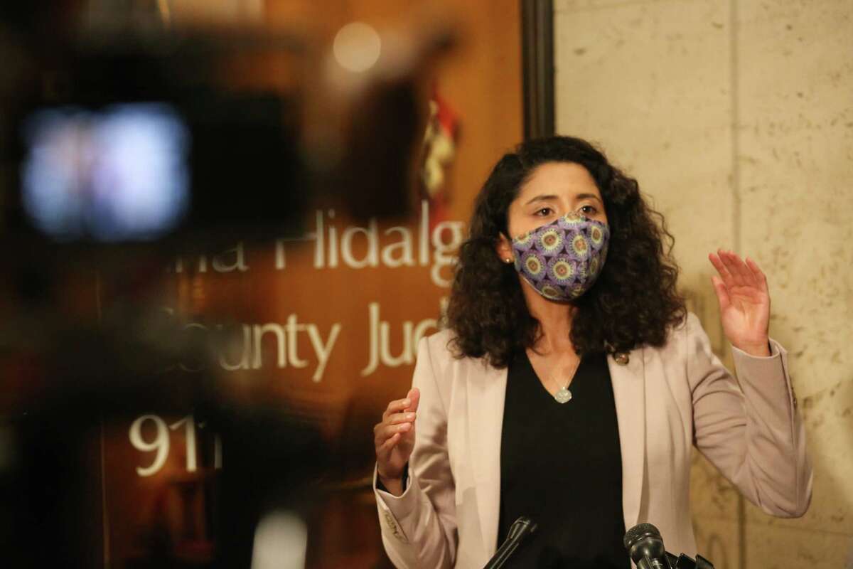 Harris County Judge Lina Hidalgo says the region is subject to the state’s rollbacks in essential business occupancy based on the current surging in local COVID-19 hospitalization rates during a press conference Tuesday, Jan. 5, 2021, in Houston. Hidalgo said the public should take this as a warning to be vigilant, and also encouraged the public to receive the vaccines if they are qualified.