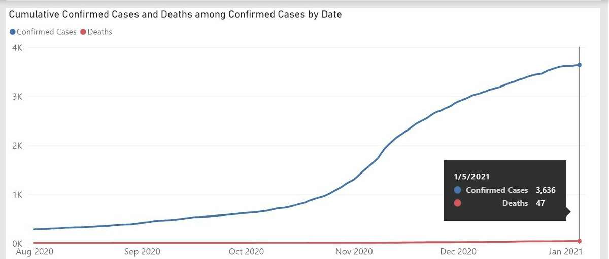 A screenshot of confirmed cases and deaths in Midland County from Aug. 1, 2020, to Jan. 5, 2021. (Screenshot/Michigan.gov)