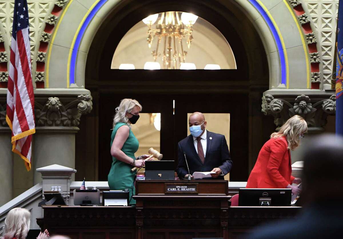 Speaker Carl Heastie presides over a mostly-virtual session during the first day of the 2021 legislative session on Wednesday, Jan. 6, 2021, in the Assembly Chamber at the Capitol in Albany, N.Y. (Will Waldron/Times Union)