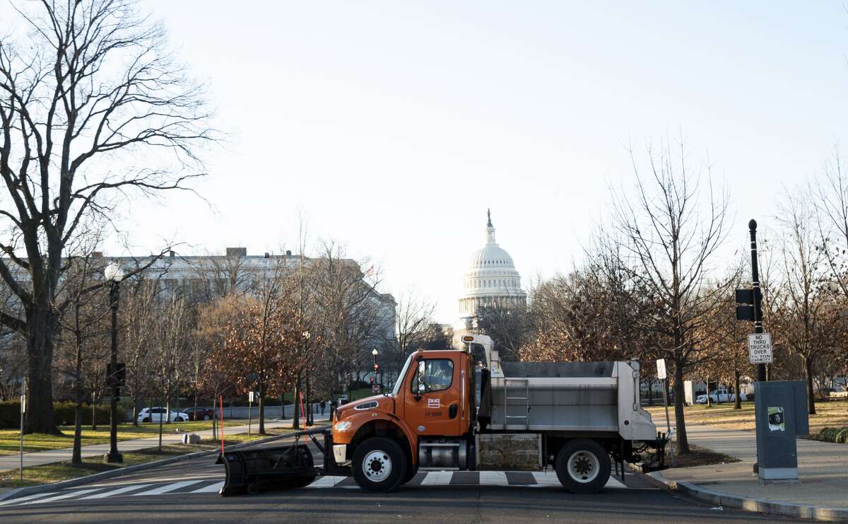 A DC snow plow blocks 1st Street NE near the U.S. Capitol on Thursday morning, January 7, 2021, following the riot at the Capitol the day before. (Photo By Bill Clark/CQ-Roll Call, Inc via Getty Images)