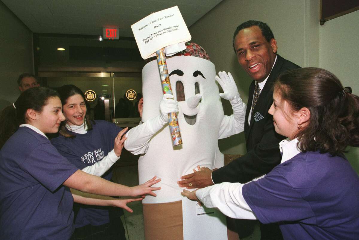 At a Kids Health conference held in Albany in 1999, Elise Stefanik, far right, fights off 'Butt Man' with NYS Comptroller H. Carl McCall and fights Albany Academy For Girls students Genevieve Burger-Weiser and Caroline Feinberg. (Times Union archive photo)