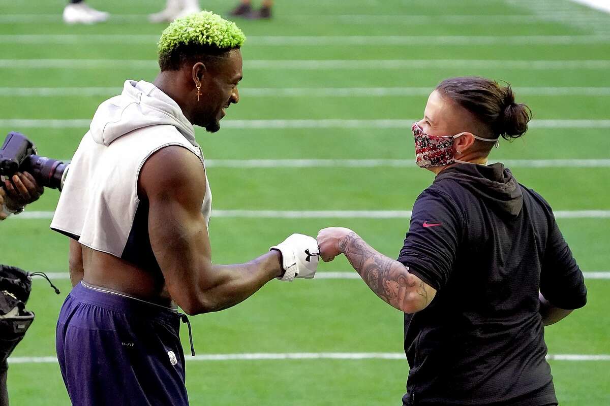 San Francisco 49ers offensive assistant coach Katie Sowers during practice  in preparation for Super Bowl LIV at the SAP Performance Center, Friday,  Jan. 24, 2020, in Santa Clara, California. (Photo by IOS/ESPA-Images