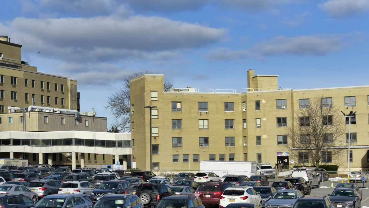 A view of the east wing and the building connector at Albany Memorial Hospital on Thursday, Jan. 7, 2021, in Albany, N.Y. The building and the connector are going to be demolished. (Paul Buckowski/Times Union)