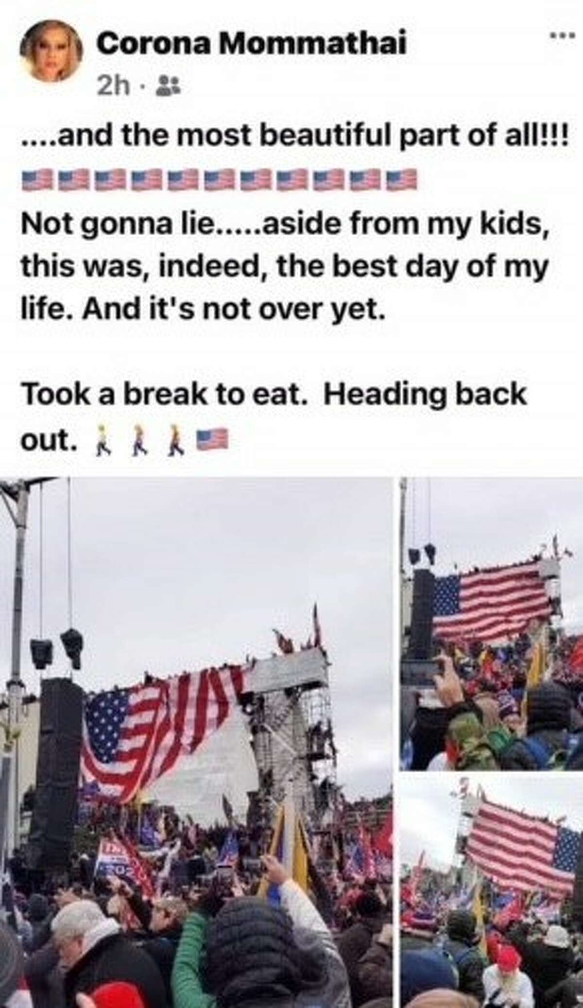 Screenshots from the Facebook page of Bexar County Lt. Roxanne Mathai. The 46-year-old is being investigated after she posted photos that show her at the Capitol protests that turned deadly Wednesday in Washington, D.C.