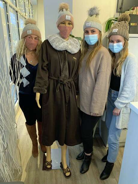 From left are Melissa Donlan, Francesca Bassadonna and Juiliana Cosenza at Spavia Day Spa, Guilford Commons, wearing Hedgehog Beanies. Photo: Sarah Page Kyrcz / Hearst Connecticut Media
