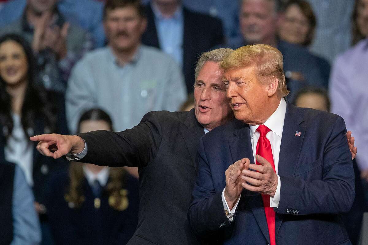 House Republican leader Kevin McCarthy and President Trump attend a legislation-signing rally with farmers in February in Bakersfield.