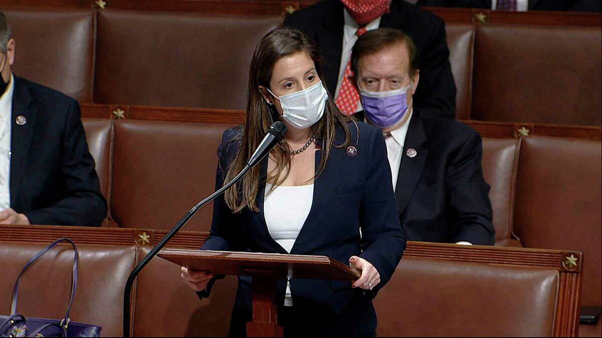 In this image from video, Rep. Elise Stefanik, R-N.Y., speaks as the House reconvenes to debate the objection to confirm the Electoral College vote from Arizona, after protesters stormed into the U.S. Capitol on Wednesday, Jan. 6, 2021. (House Television via AP)