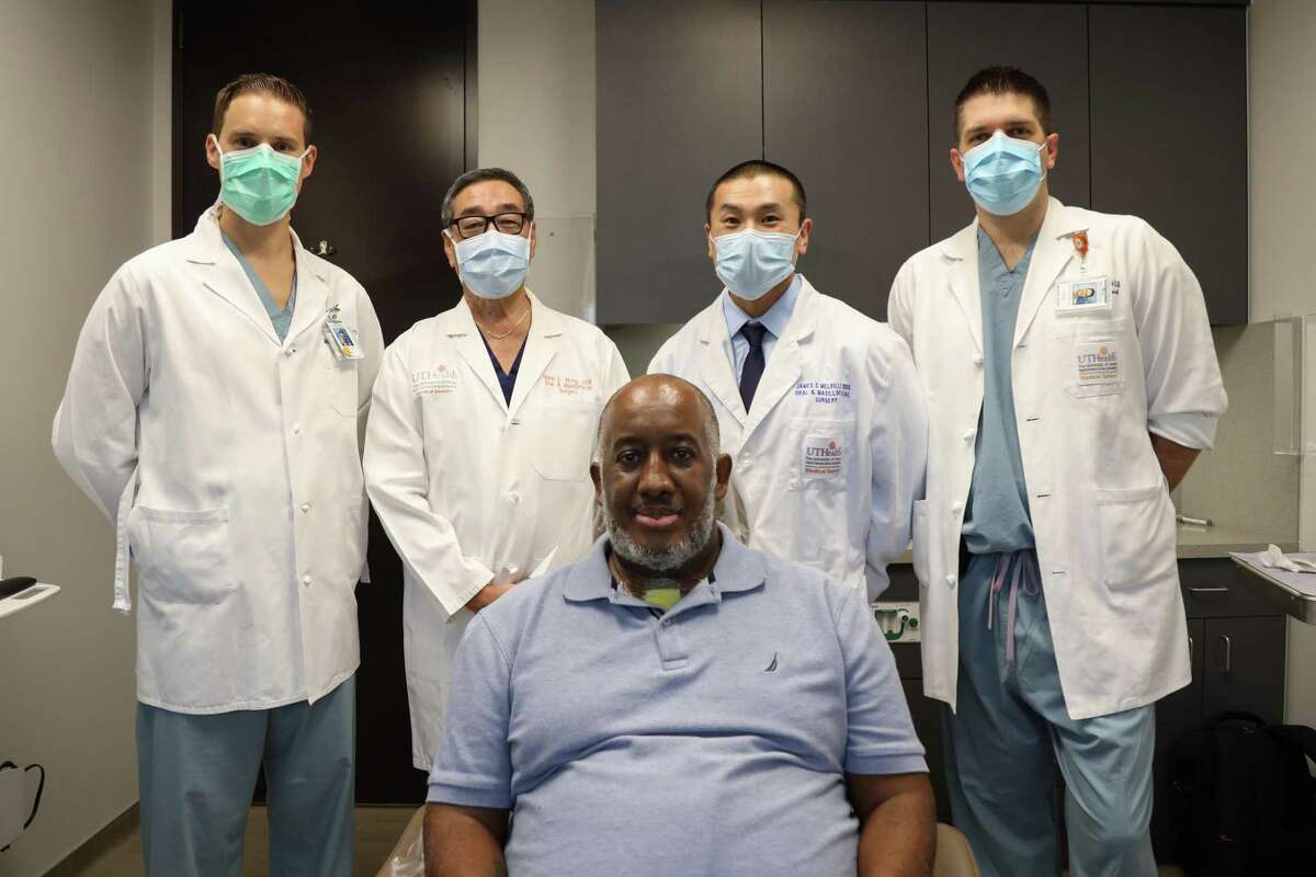 Anthony Jones with his UTHealth surgical team (from left to right) Dominik Rudecki, Mark Wong, James Melville, and John Guenther.