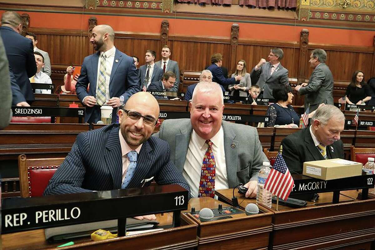 State Reps. Ben McGorty (R-122), right, and Jason Perillo (R-113) were sworn in officially as returning members of the Connecticut state legislature on Jan. 6, during a socially-distanced ceremony on the steps of the State Capitol building in Hartford.