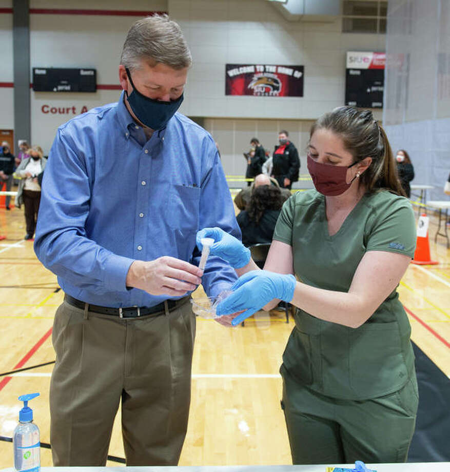 Vice Chancellor for Student Affairs Jeffrey Waple participates in the Southern Illinois University Edwardsville mandatory re-entry testing program during its launch on Monday, Jan. 4.