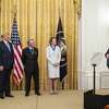 Beaumont City Councilman W. L. Pate, right, addresses an East Wing ceremony in which he accepted the Presidential Medal of Honor for Babe Zaharias. From left, President Donald Trump and the golfers Gary Player and Annika Sorenstam.