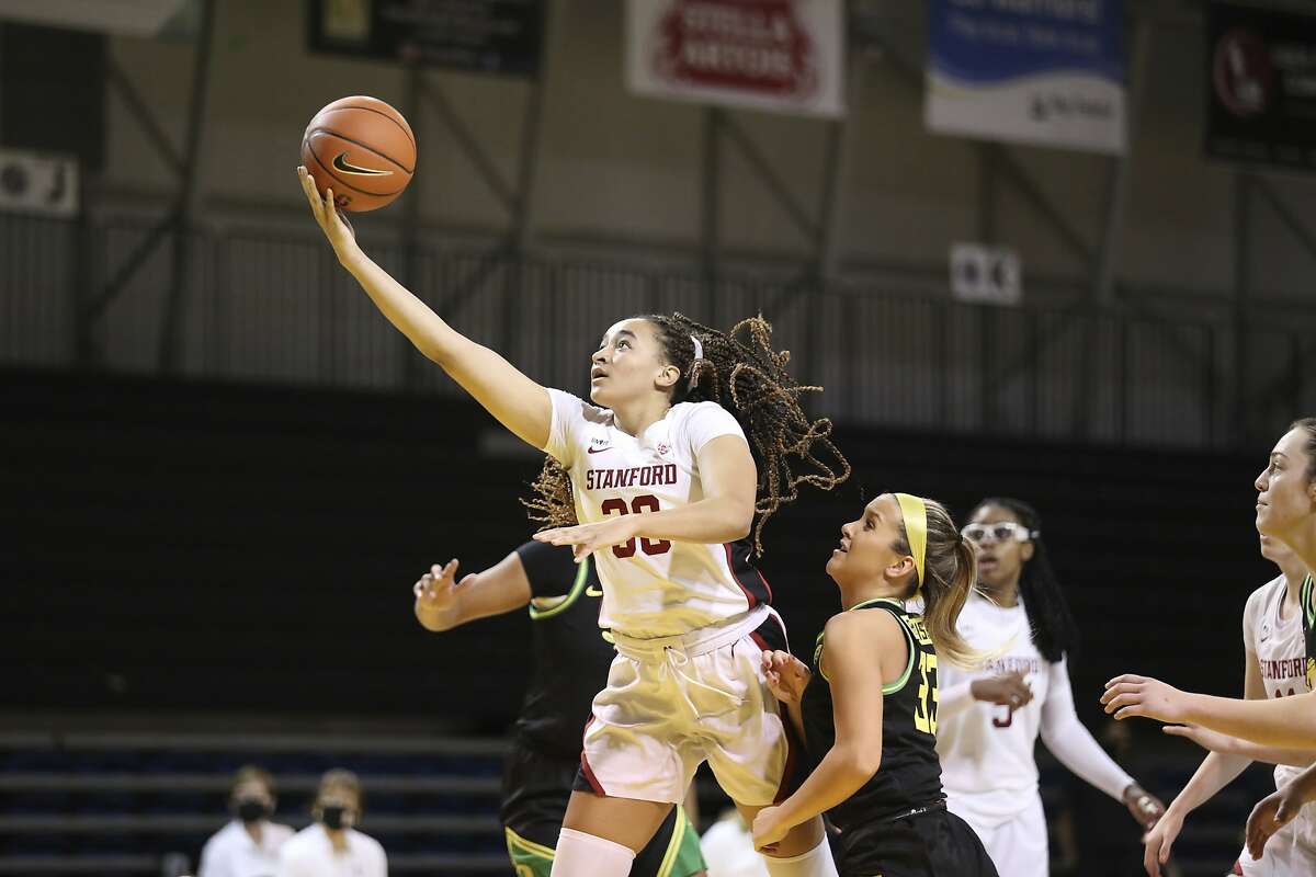 Stanford guard Haley Jones, playing in her hometown of Santa Cruz, heads to the hoop on her way to 18 poits against Oregon.