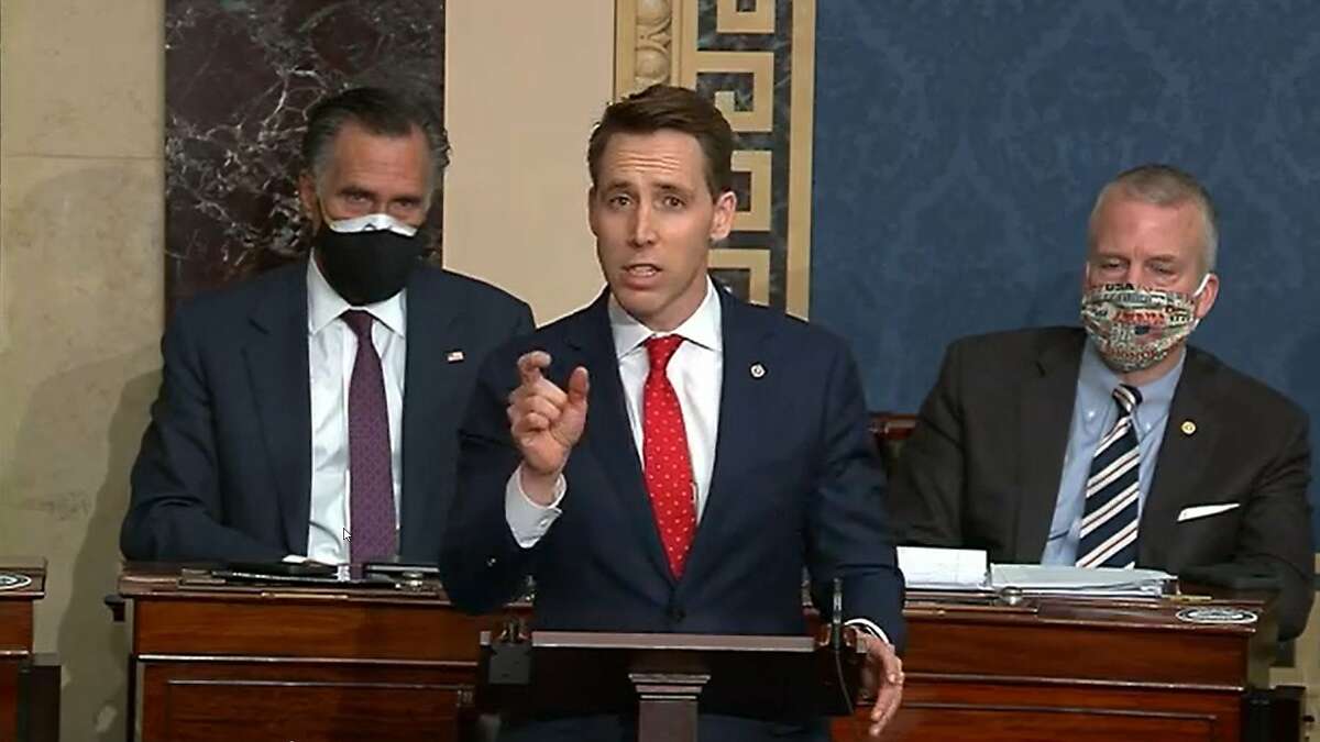 In this screenshot taken from a congress.gov webcast, Sen. Josh Hawley, R-Mo., speaks during a Senate debate session to ratify the 2020 presidential election at the U.S. Capitol on Jan. 6, 2021 in Washington, D.C. (congress.gov/Getty Images/TNS)
