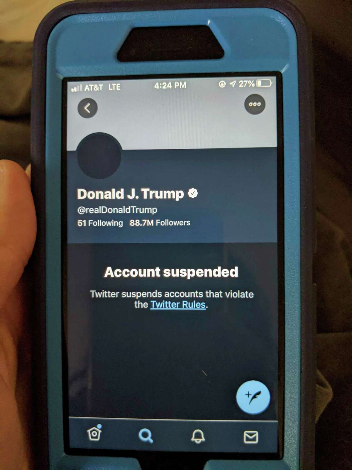 This Friday, Jan. 8, 2021 image shows the suspended Twitter account of President Donald Trump.  Q: But isn’t that censorship? Doesn’t Trump have the right to freedom of speech? A: Yes, Trump has the right to say whatever he wants (within some limits), but Twitter does not have to allow him to say it on its platform. Governmental entities may not restrict a person’s rights to say what he or she wants under the First Amendment to the U.S. Constitution, but private companies have discretion. “Social media platforms are private companies, and can censor what people post on their websites as they see fit,” wrote Lata Nott, executive director of the First Amendment Center.” All social media sites have expressed policies against the promotion of violence and Twitter, as stated above, saw the president’s tweets as violations of those terms of service.