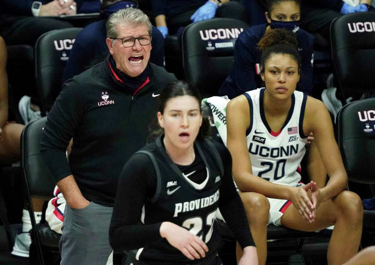 UConn coach Geno Auriemma shouts from the sideline during the first half against Providence on Saturday.