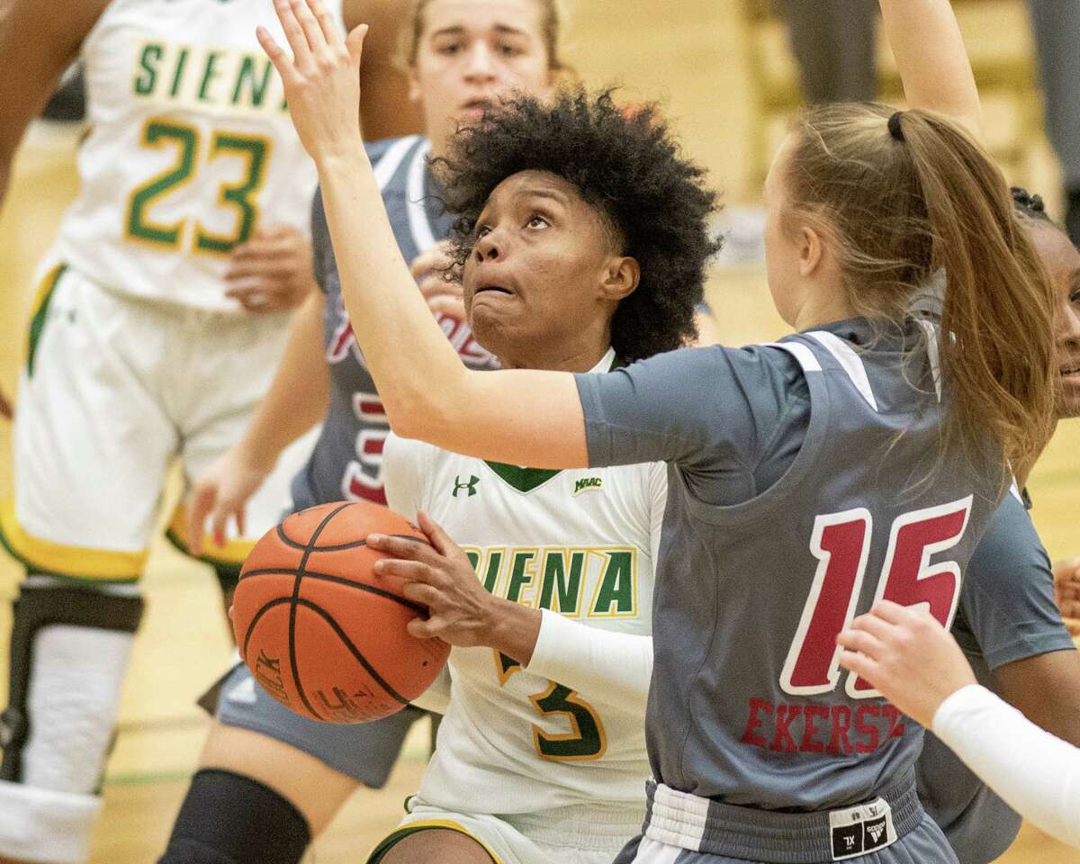 Siena College senior Rayshel Brown drives to the basket during a Metro Atlantic Athletic Conference game against Rider University at the Alumni Recreation Center on the Siena campus in Loudonville, NY, on Saturday, Jan. 9, 2020 (Jim Franco/special to the Times Union.)