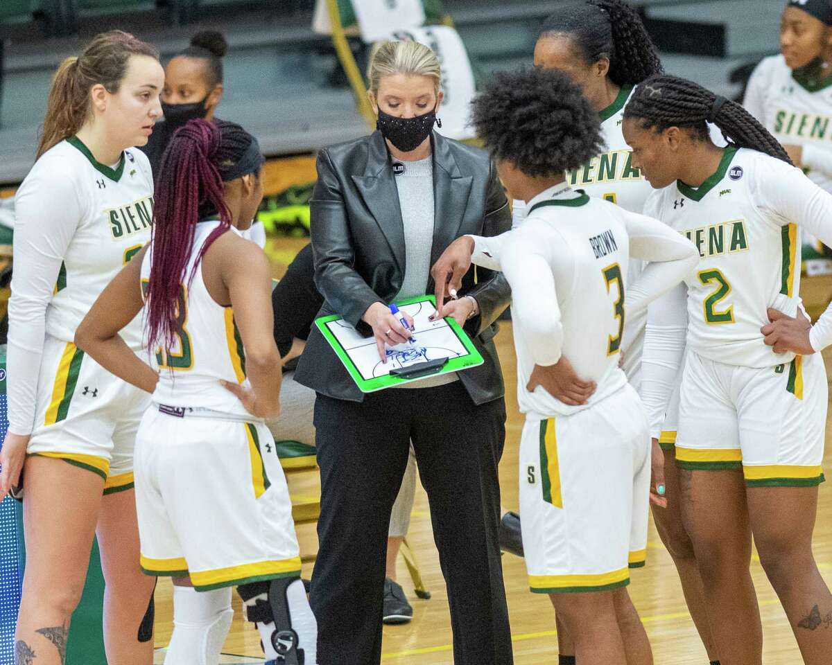 Siena girls basketball coach Ali Jaques lays out a play for her team during a Metro Atlantic Athletic Conference game against Rider University at the Alumni Recreation Center on the Siena campus in Loudonville, NY, on Saturday, Jan. 9, 2020 (Jim Franco/special to the Times Union.)