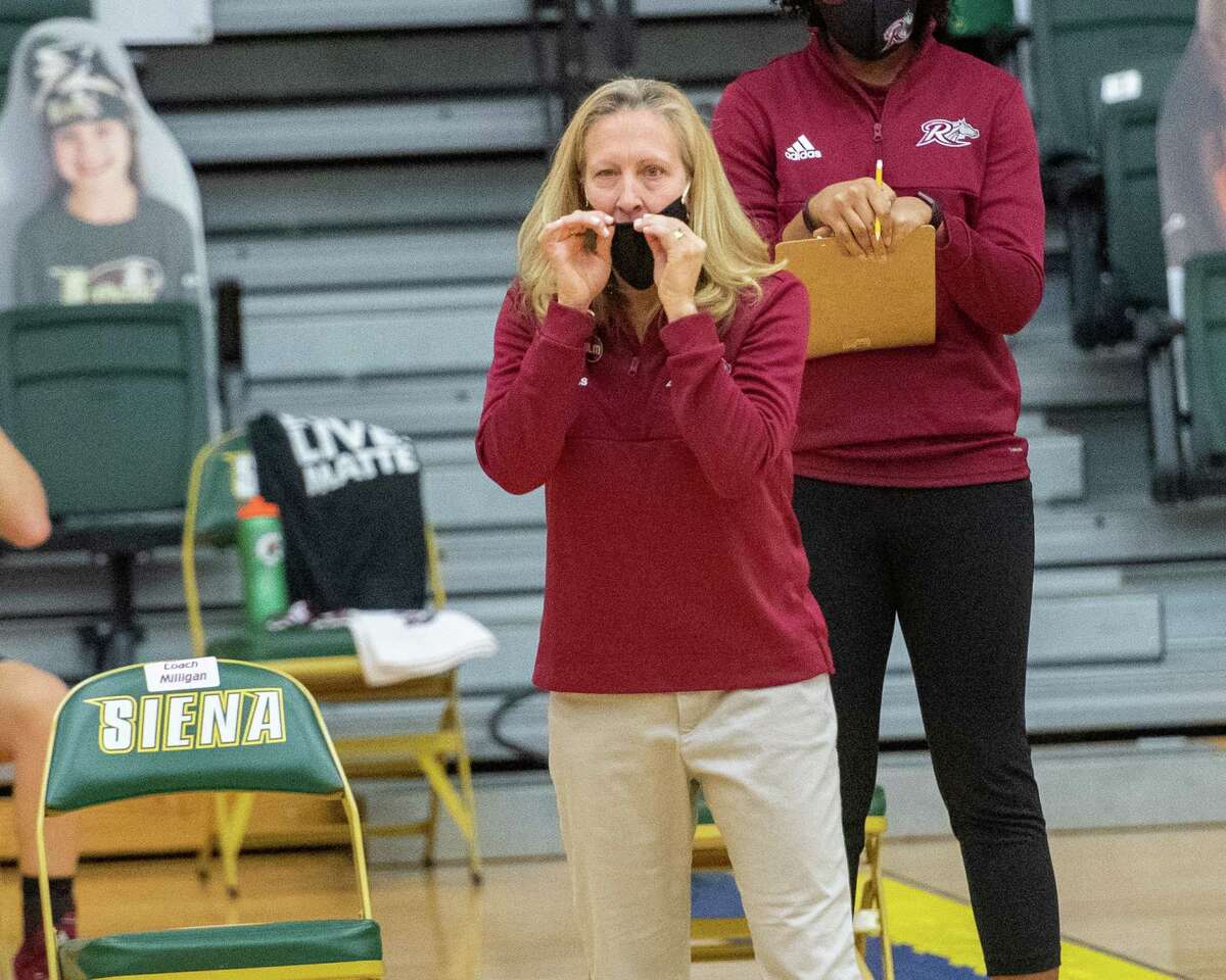 Ryder University head girls basketball coach Lynn Milligan directs her team during a Metro Atlantic Athletic Conference game against Siena College at the Alumni Recreation Center on the Siena campus in Loudonville, NY, on Saturday, Jan. 9, 2020 (Jim Franco/special to the Times Union.)