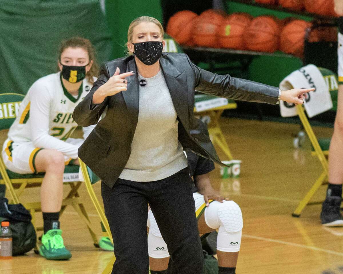 Siena girls basketball coach Ali Jaques directs her team during a Metro Atlantic Athletic Conference game against Rider University at the Alumni Recreation Center on the Siena campus in Loudonville, NY, on Saturday, Jan. 9, 2020 (Jim Franco/special to the Times Union.)