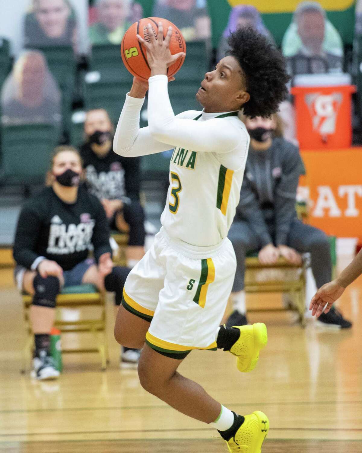 Siena College senior Rayshel Brown takes a jumper during a Metro Atlantic Athletic Conference game against Rider University at the Alumni Recreation Center on the Siena campus in Loudonville, NY, on Saturday, Jan. 9, 2020 (Jim Franco/special to the Times Union.)