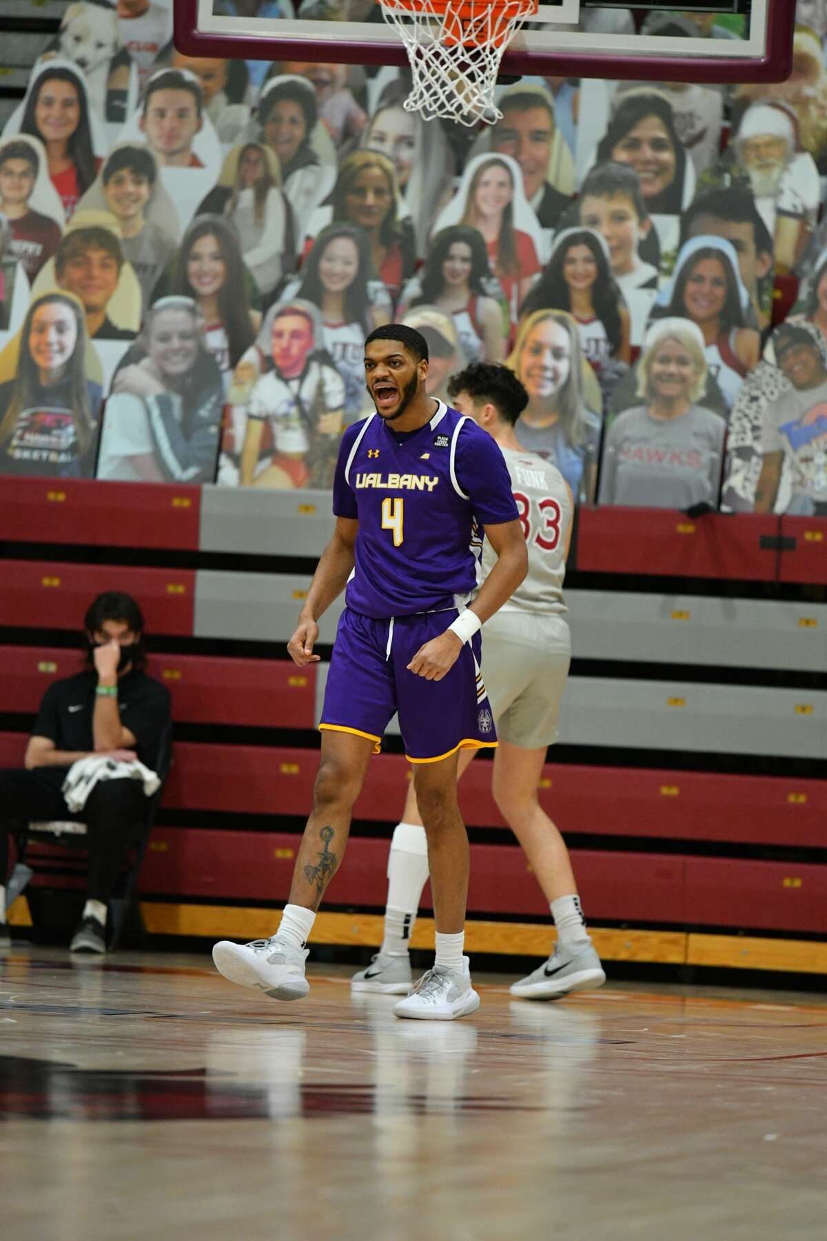UAlbany's Jarvis Doles reacts to a play against St. Joseph's on Saturday.