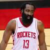 Houston Rockets guard James Harden (13) reacts after hitting a shot during the second half of an NBA game between the Houston Rockets and Orlando Magic on Friday, Jan. 8, 2021, at Toyota Center in Houston.