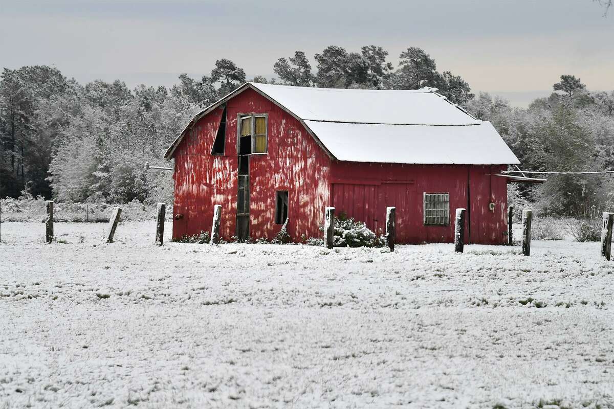 A barn covered in snow in Beaumont after a snowstorm in 2017.