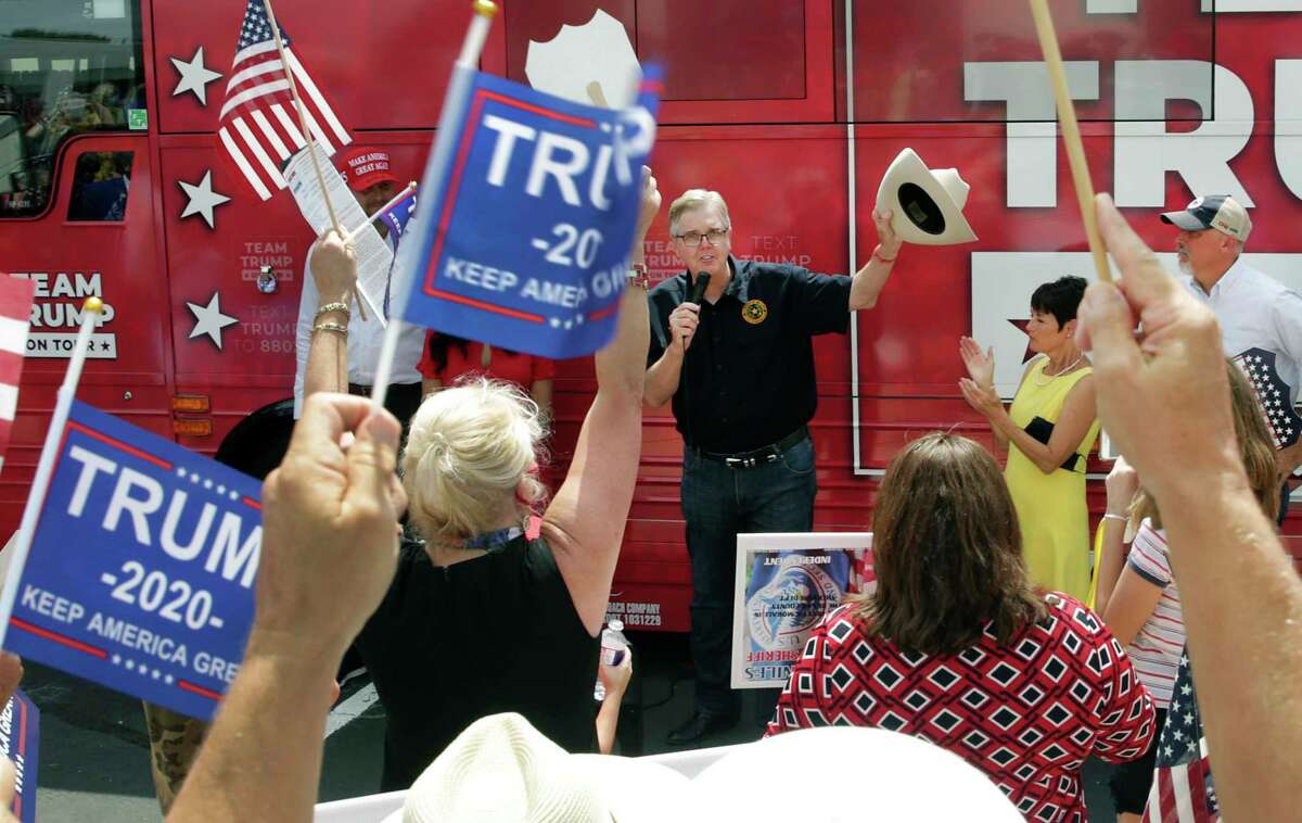 Lt. Gov. Dan Patrick speaks to Trump supporters as the Trump campaign bus made a stop on the north side in San Antonio on Thursday, Sept. 3, 2020.