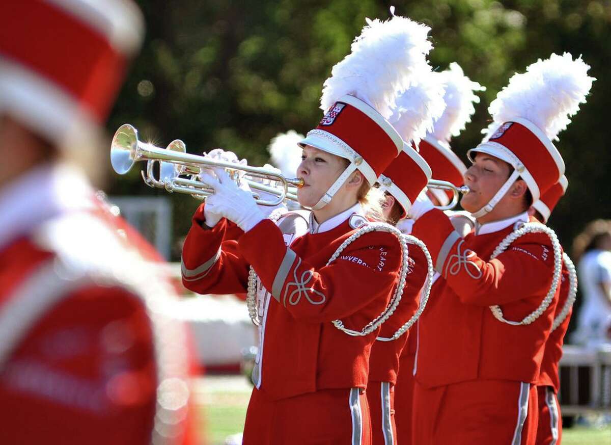 Sacred Heart University Marching Band performs during a previous football season, pre-COVID.