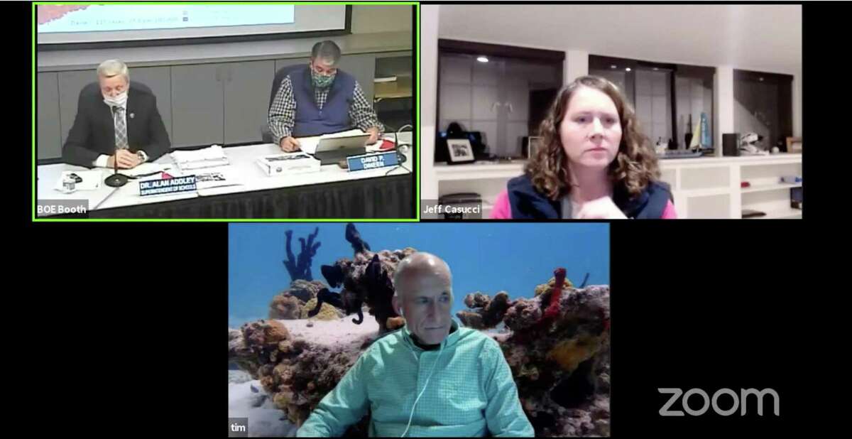 A discussion of how decisions are made to reopen or go remote was held on Thursday, Jan. 7. Above, left, Schools Superintendent Alan Addley, left, Board of Education Chairman David Dineen, below, medical advisor Dr. Timothy H. Kenefick, and right, schools head of nursing Alicia Casucci.