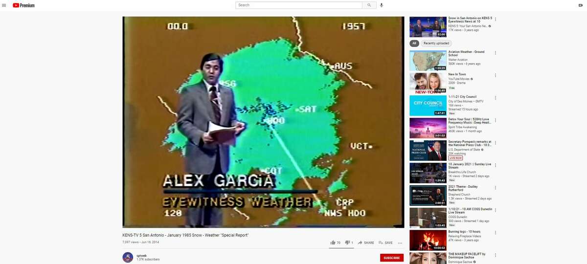 KENS-TV meteorologist Alex Garcia during weather coverage when snow covered San Antonio in 1985.