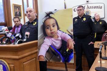 A file photo of a press conference at Ansonia, Conn., City Hall for an update in the case of missing toddler Vanessa Morales and the homicide of the girl's mother, Christine Holloway.